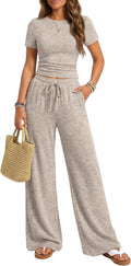 Trendy Queen Women's 2-Piece Lounge Set - Wide Leg Pants & Crew Neck Short Sleeve Top