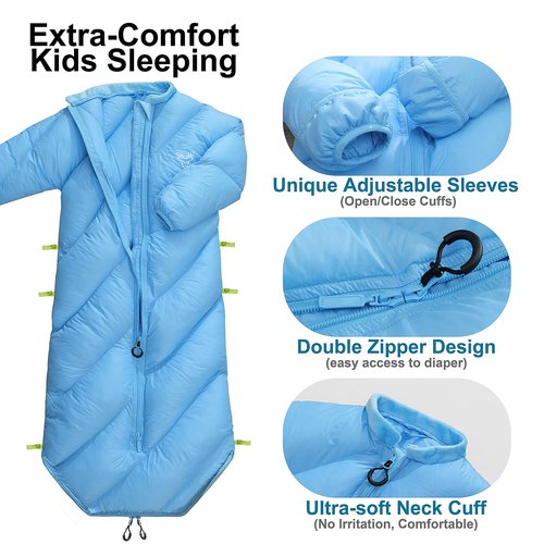 AZITREK Walkable Kids Sleeping Bags for Toddler Boys Girls (2T-4T)- Puffy Camping Sleeping Sack Machine Washable Compact (up to 46 in) Travel Sleepover Slimber Party Inddor Outdoor (Santorini Blue)