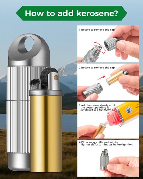 IUMIUN Titanium Waterproof Refillable Kerosene Lighter- Compact Survival Lighter with Built-in Keychain Pill Holder for Outdoor Camping,for Men Gift (Fuel not Included) (1)