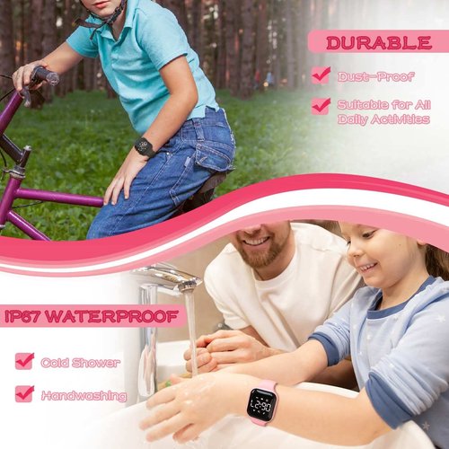Focwony LED Kids Multifunction Steps Counting Digital Watch, Non-Bluetooth Pedometer Wristwatch, Stopwatch, Alarm Clock, Calories for Women Children Girls Boys (Electroplating Pink)