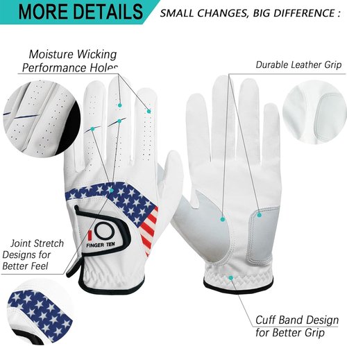 FINGER TEN Golf Gloves - Comfortable All-Weather Grip for Men | 5-Pack in Sizes S-3XL