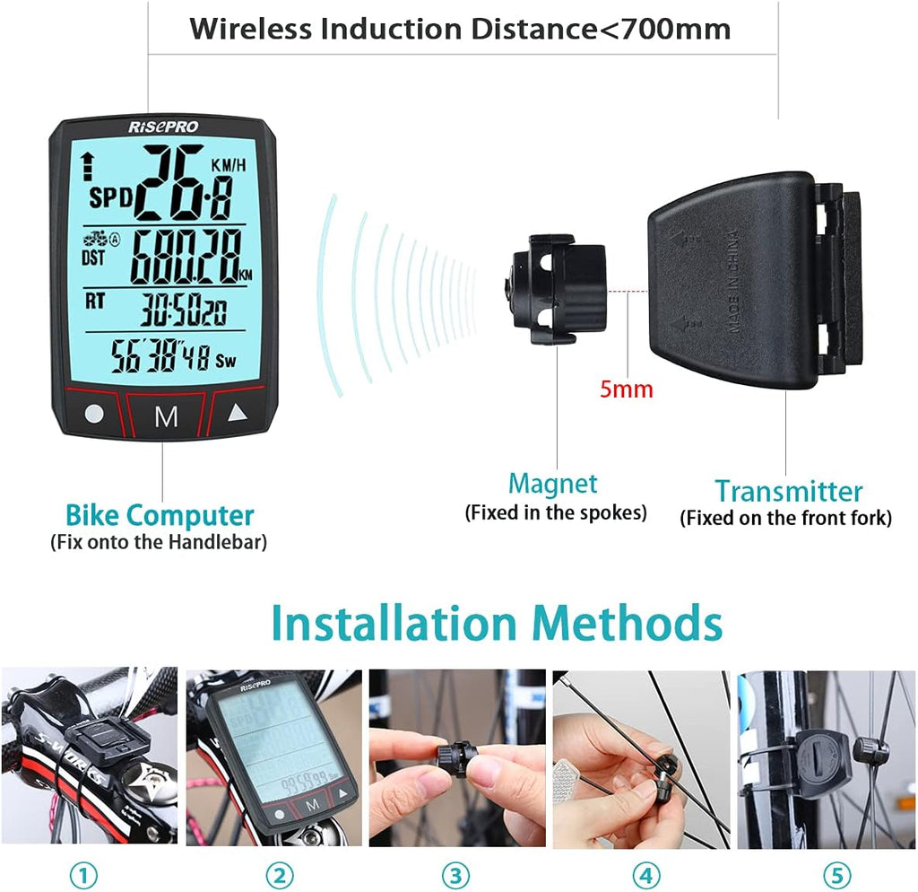 RISEPRO Wireless Bike Computer - Waterproof Touchscreen Speedometer & Odometer | Multi-Function LCD Display