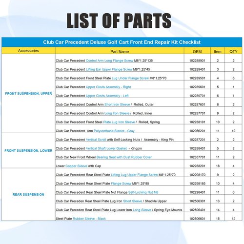 Panglong Club Car Precedent Deluxe Front End Repair Kit, Front End Rebuild Kit, Contain Front Wheel Hub, King Pin, Suspension Bearing Bushing, Suitable for 2004-Up Precedent-102289401,102357701