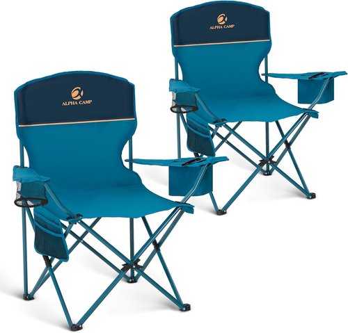 ALPHA CAMP Heavy-Duty Camping Chairs - 350LBS Capacity with Cooler Bag & Cup Holder | Portable Black 2PC Set