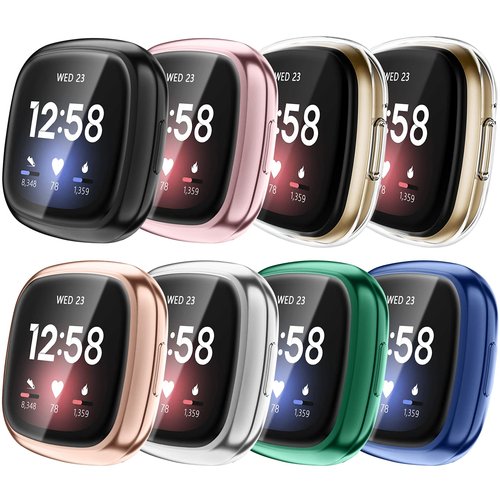 Fintie 8-Pack Screen Protector Case Compatible with Fitbit Versa 3 / Fitbit Sense, Soft TPU Plated Full Protective Bumper Cover [Scratch-Proof]