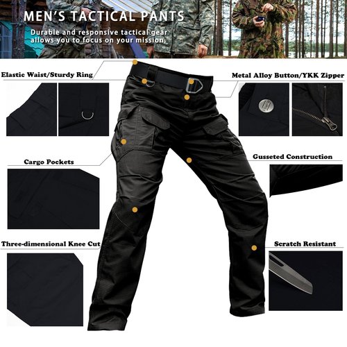 Hiwise Men's Stretch Tactical Pants Water Resistant Ripstop Cargo Pants Outdoor Lightweight EDC Work Hiking Pants (Black, 32WX34L)