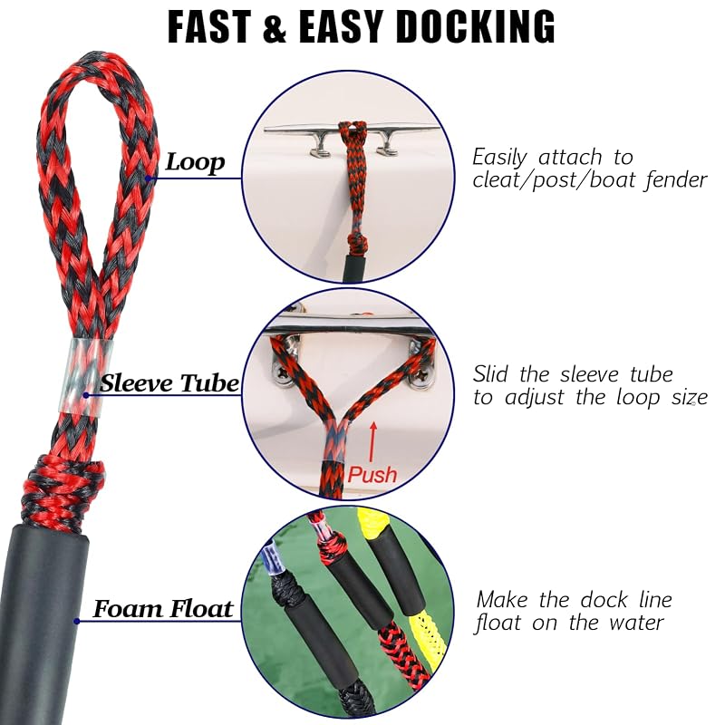 2 ft Bungee Dock Lines with 316 Stainless Snap Hooks – 2 Pack for Boat Mooring (Red & Black, 2 Feet) - Geelu