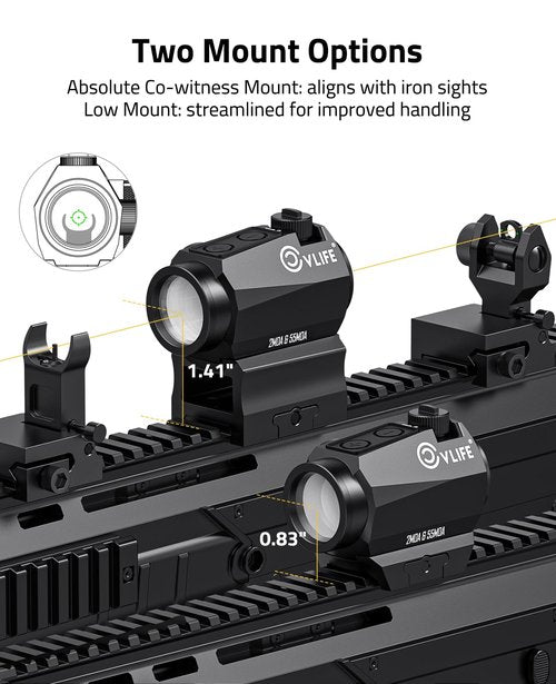 CVLIFE Multiple Reticle 2 MOA Green Dot & 55 MOA Circle, Motion Awake Green Dot Sight 50,000H Battery Life, 1x20mm Optics Scope Sight with Absolute Co-Witness Riser and Low Mount for 21mm Picatinny