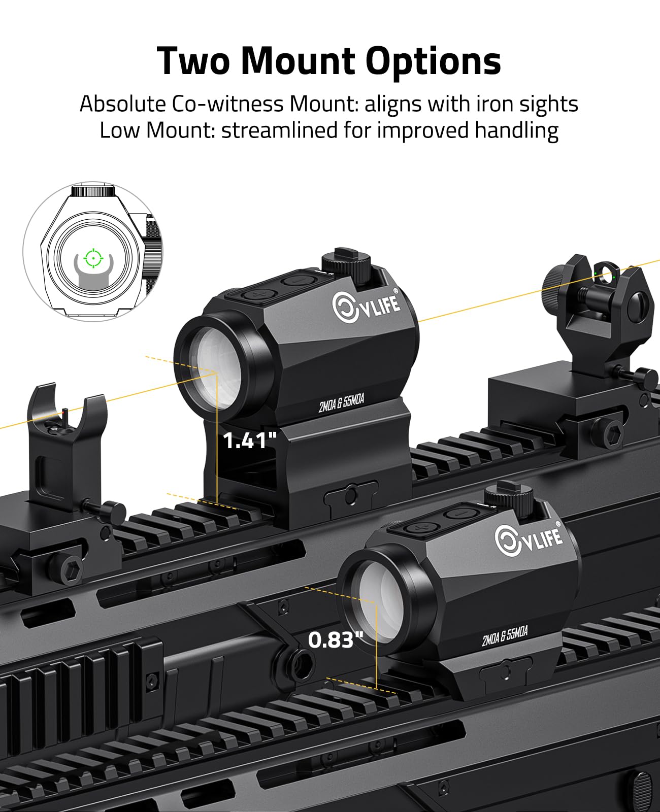 CVLIFE Multiple Reticle 2 MOA Green Dot & 55 MOA Circle, Motion Awake Green Dot Sight 50,000H Battery Life, 1x20mm Optics Scope Sight with Absolute Co-Witness Riser and Low Mount for 21mm Picatinny