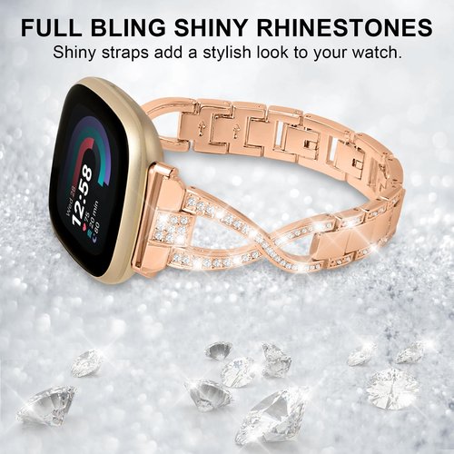 Alociaga Bling Metal Band, Compatible for Fitbit Versa 4/Sense 2/Versa 3/Sense Band, Cute Dressy X-Shaped Silver Bracelet for Women