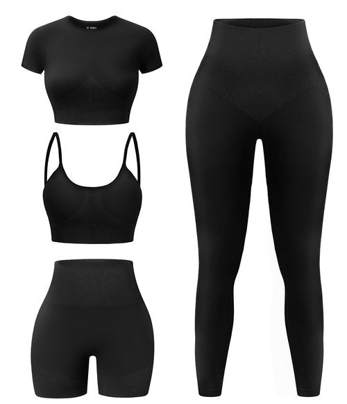 YOAKUKA Women's 4 Piece Workout Sets Seamless Acid Wash Yoga Outfits with Short Sleeve Top Sports Bra Biker Shorts High Waist Leggings Active Set