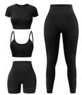 YOAKUKA Women's 4 Piece Workout Sets Seamless Acid Wash Yoga Outfits with Short Sleeve Top Sports Bra Biker Shorts High Waist Leggings Active Set