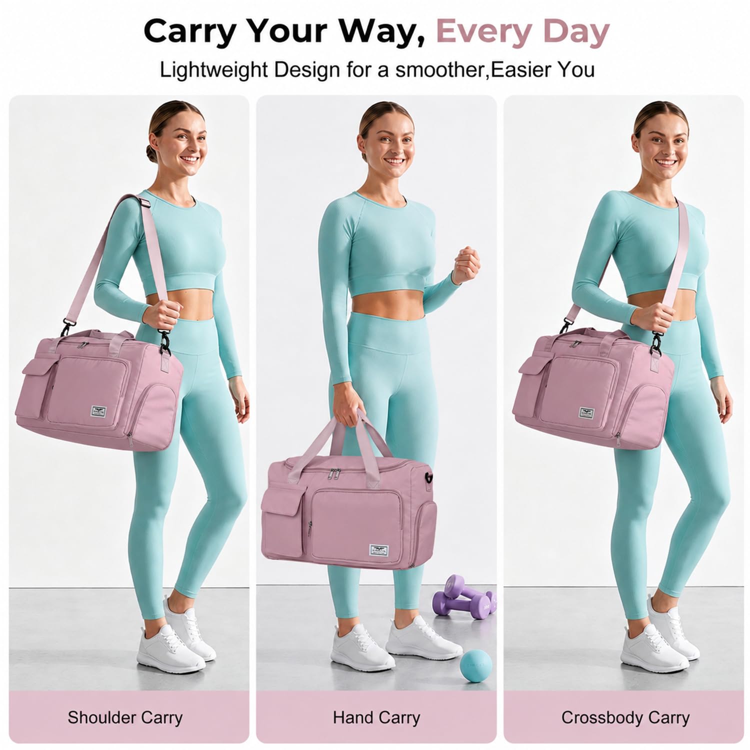 FIORETTO Women's Gym Duffle Bag with Shoes Compartment, 30L Capacity, Ideal for Travel, Gym, Sports, Duffel, Weekender, Pink