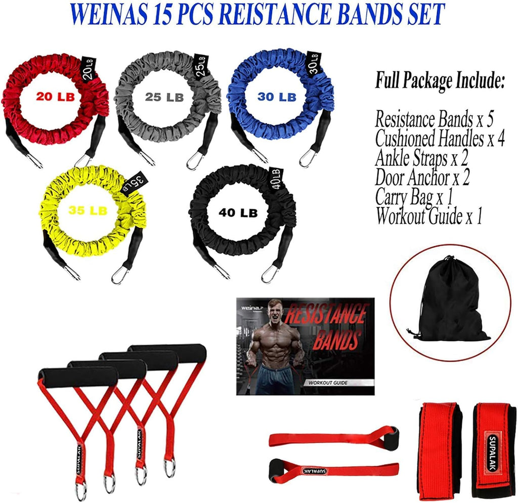 Supalak Resistance Bands Set - 15 Pieces of Durable Elastic Bands (20lbs to 40lbs) with Anti-Snap Sleeves
