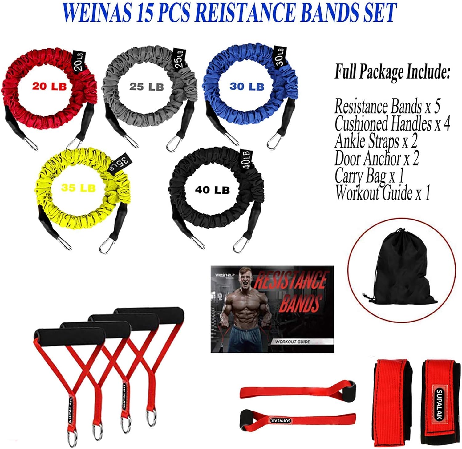 Supalak Resistance Bands Set - 15 Pieces of Durable Elastic Bands (20lbs to 40lbs) with Anti-Snap Sleeves