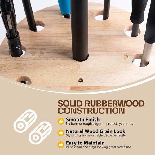 Goture Fishing Rod Holder - Garage Floor Stand for Up to 10 Rods | Solid Rubber Wood Storage Organizer