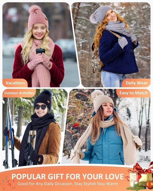 Winter Beanie Hat Scarf Gloves Set for Women, Pom Pom Beanie with Fleece Lined Long Knit Neck Warmer Touchscreen Gloves, Warm 3 in 1 Stocking Stuffers Gift Set for Mom Her Cold Weather(White)