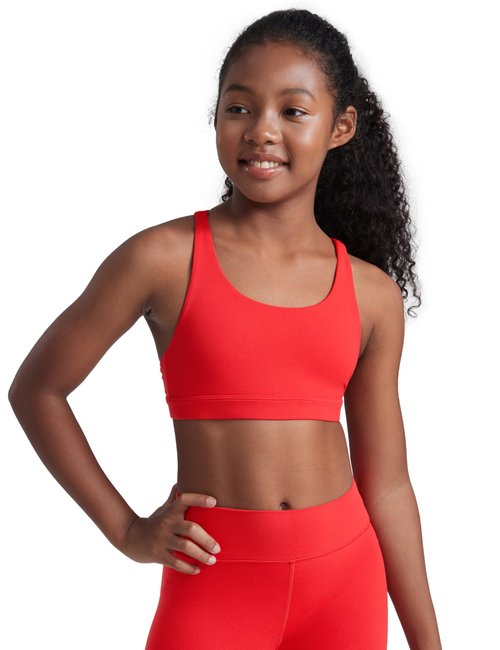 CRZ YOGA Girls Butterluxe Cross Back Sports Bra - Yoga Athletic Casual Tops Scoop Neck Padded Crop Kids Teen Deep Red Large