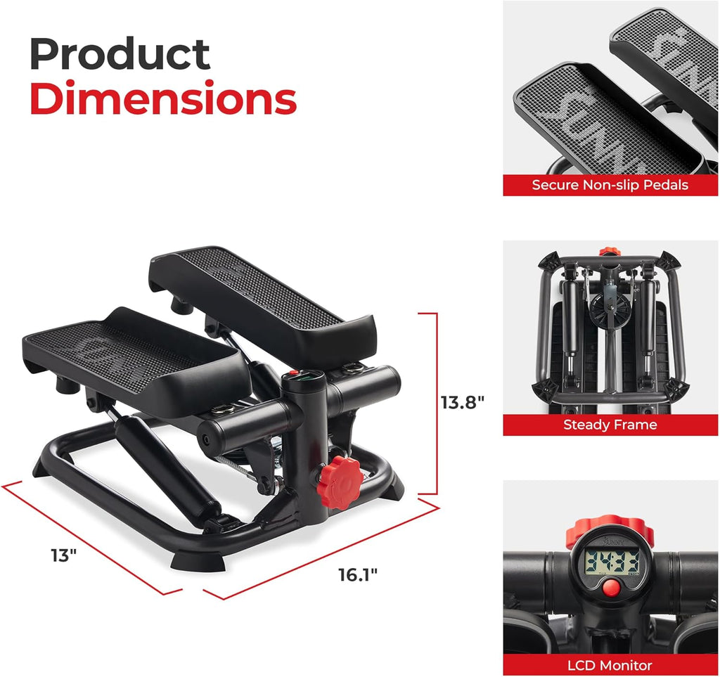 Sunny Health & Fitness Mini Stepper - Compact Home Workout Machine with Resistance Band & App Connection