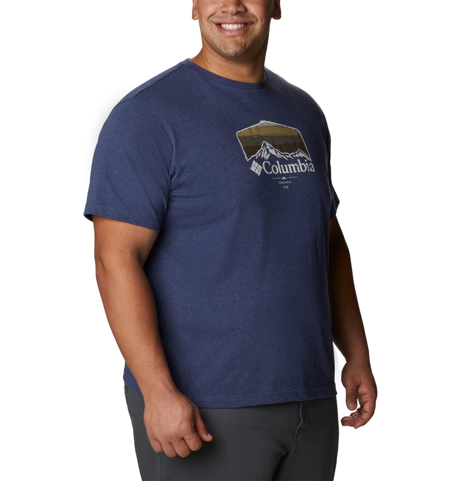 Columbia Men's Thistletown Hills Graphic Short Sleeve, Dark Mountain Heather/Hikers Graphic, 5X Tall