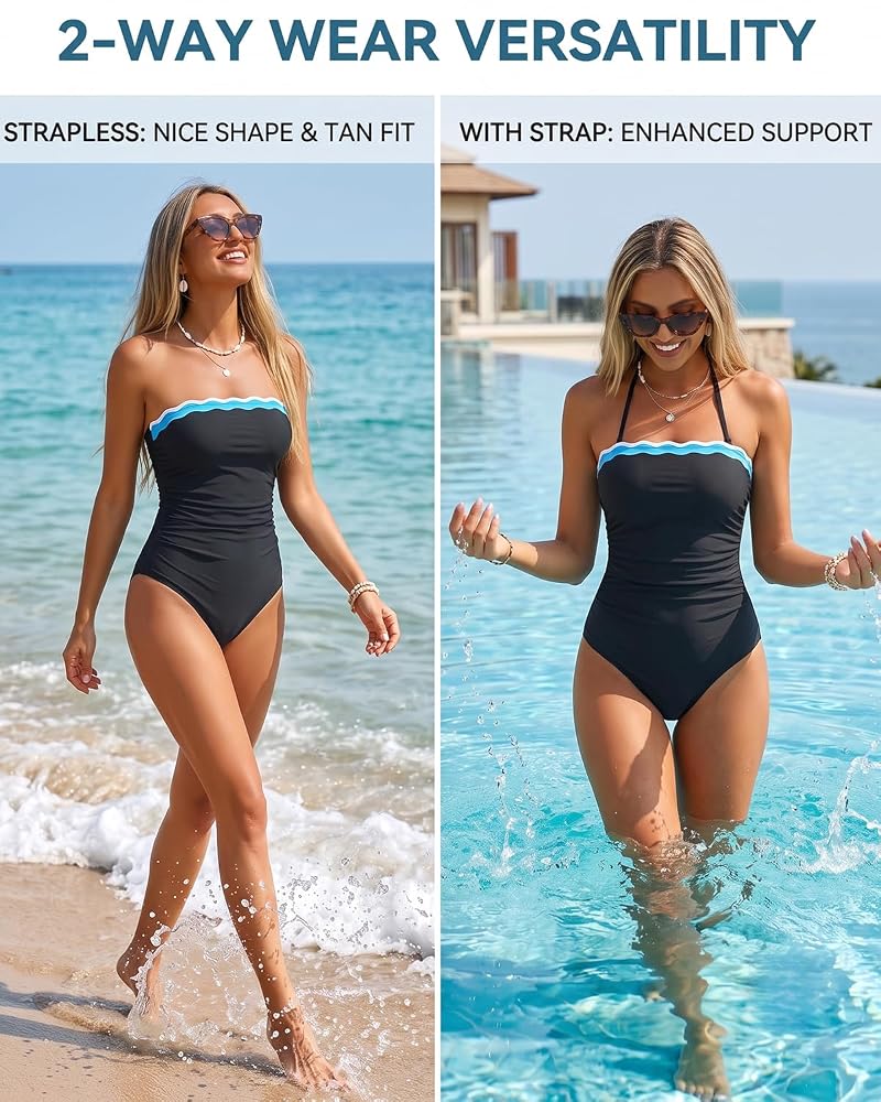 Women’s Strapless One-Piece Swimsuit with Tummy Control - Bandeau, Detachable Straps, Black/Blue/White (Large)