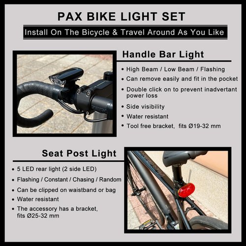 PAX Bike Lights, Super Bright LED Light Set, Bicycle Front Light and Rear Light, Water Resistant, Multi Light Mode, Easy to Install for Mountain Bike, Road Bike and Others