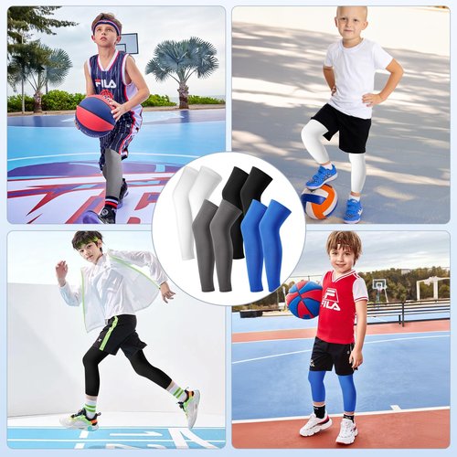 Cptoion 4 Pairs Kids Long Compression Leg Sleeves - Non Slip UV Protection Full Length Sleeves for Boys & Girls (Black, White, Blue, Grey)