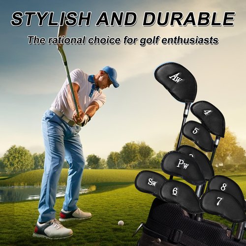 MuRealy 10PCS Premium Synthetic Leather Golf Iron Head Covers Set, Black Durable Golf Club Head Covers, Single Sided Embroidered Labels Golf Club Cover, Perfect for Most Clubs