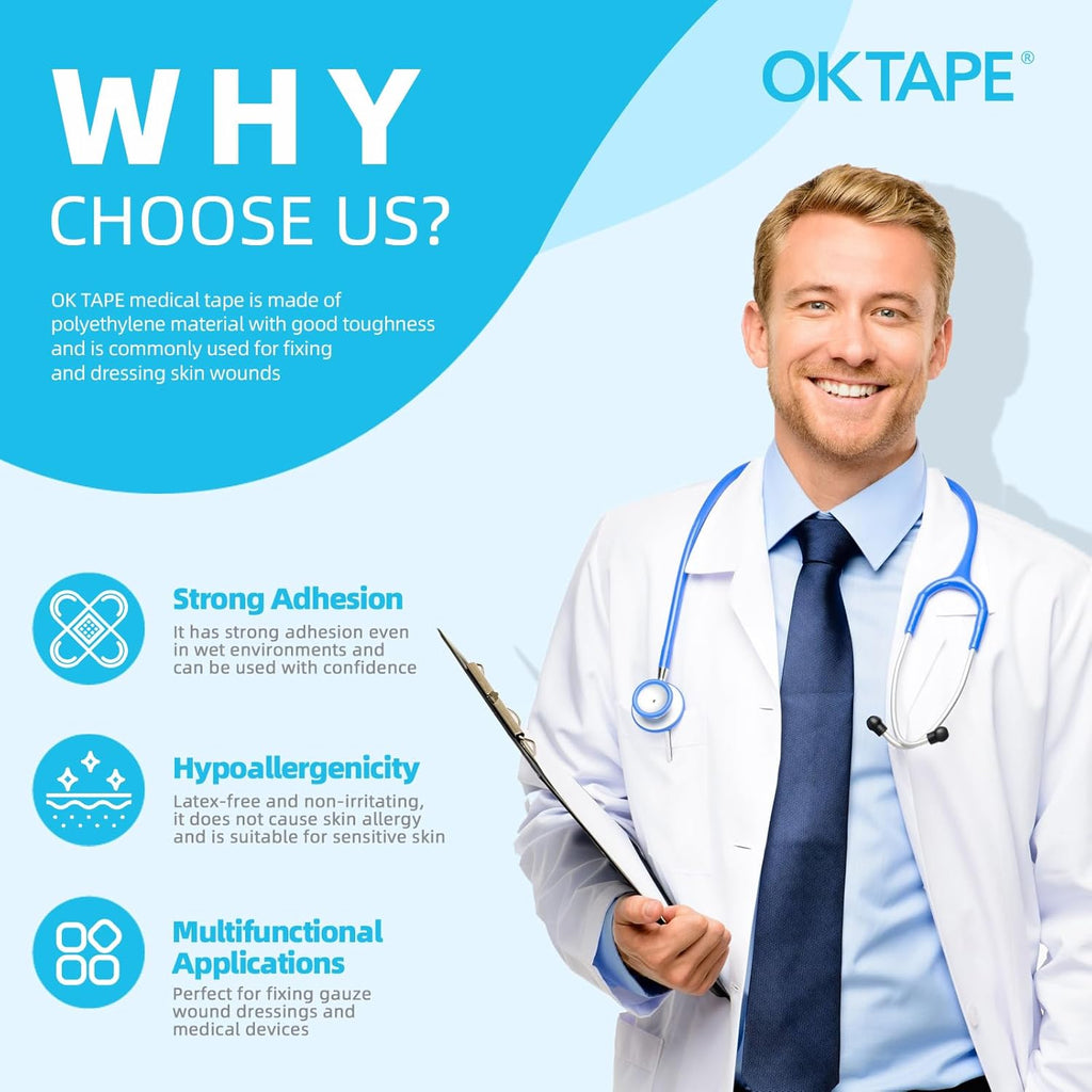 OK TAPE OKPore Transparent Medical Tape - Hypoallergenic, Breathable First Aid Surgical Tape | 1in x 10yds (Pack of 12)