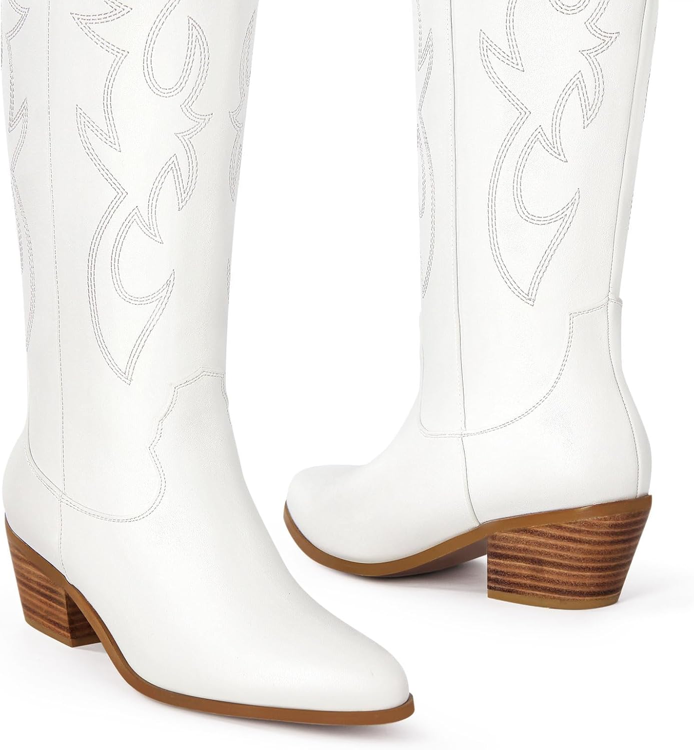 Ouepiano White Cowgirl Boots - Women's Knee High Cowboy Boots with Chunky Heel & Pointed Toe