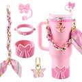 5PCS Butterfly Cup Accessories for Stanley Owala, Water Bottle Handle Strap for Stanley 30/40 oz, Including Straw Toppers, Silicone Cup Boot, Keychain Charms, Cup Decoration for Women Girls, Pink