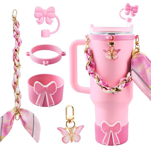 5PCS Butterfly Cup Accessories for Stanley Owala, Water Bottle Handle Strap for Stanley 30/40 oz, Including Straw Toppers, Silicone Cup Boot, Keychain Charms, Cup Decoration for Women Girls, Pink