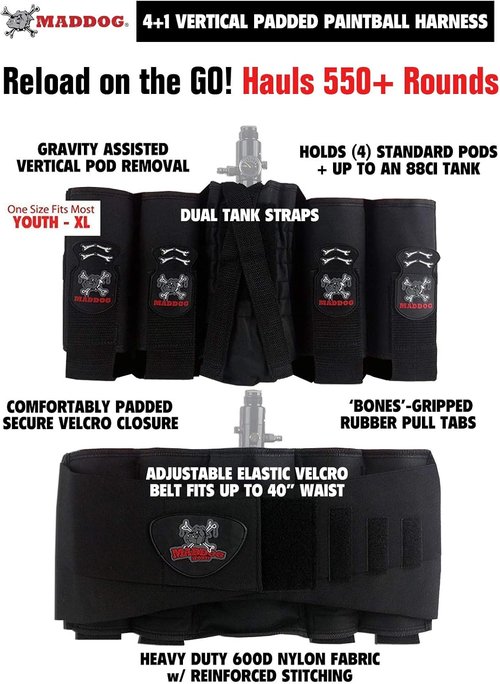 Maddog 4+1 Vertical Paintball Harness - Includes 4 Pods & Pouch for 88ci Tank | Remote Coil Compatible