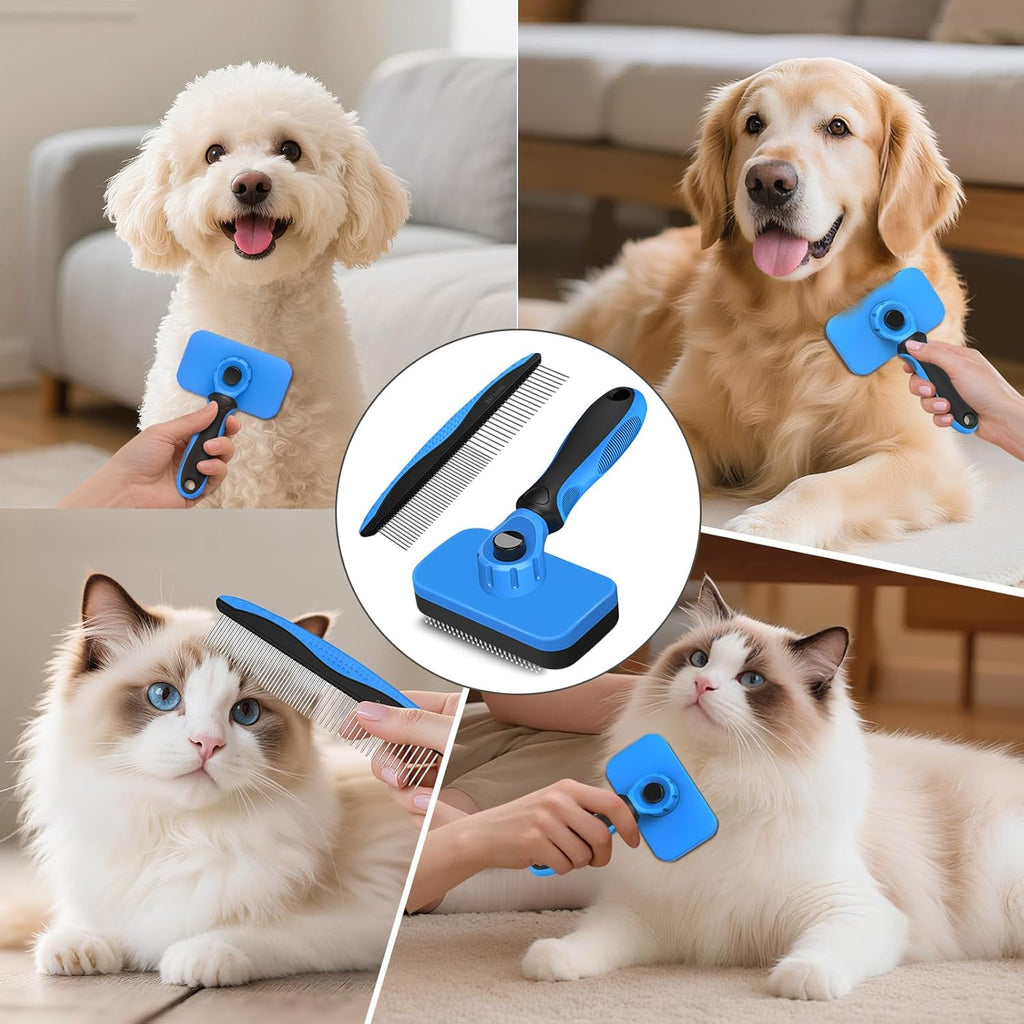 Skiennix Self-Cleaning Slicker Brush & Dog Comb - Gentle Deshedding Tool for Dogs, Cats & Small Pets (Blue)
