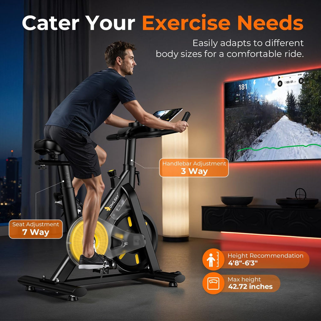 OWLSKY Exercise Bike - Quiet Indoor Cycling Stationary Bike with APP, 300 lbs Capacity, Adjustable Seat & Tablet Holder