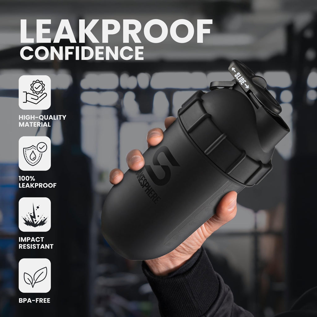 SHAKESPHERE Shaker Bottle - 24oz Leak Proof Protein Shaker Bottle for Pre Workout, Smoothie, and Powder Drink Mixes, No-Blade Mixer for Gym, BPA-Free, Easy Clean & Easy to Carry (Matte Black)