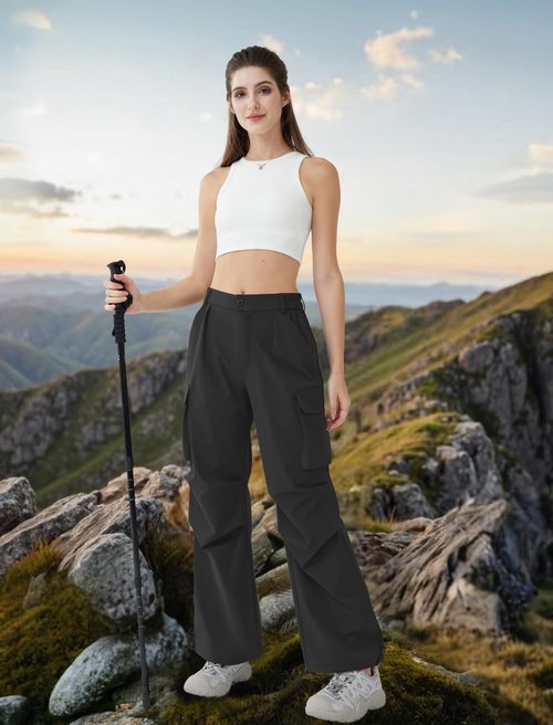 DLOODA Women’s Hiking Pants Wide Leg Cargo Pants Quick Dry Lightweight Water-Resistant Travel Casual Trousers with 4 Pockets Black
