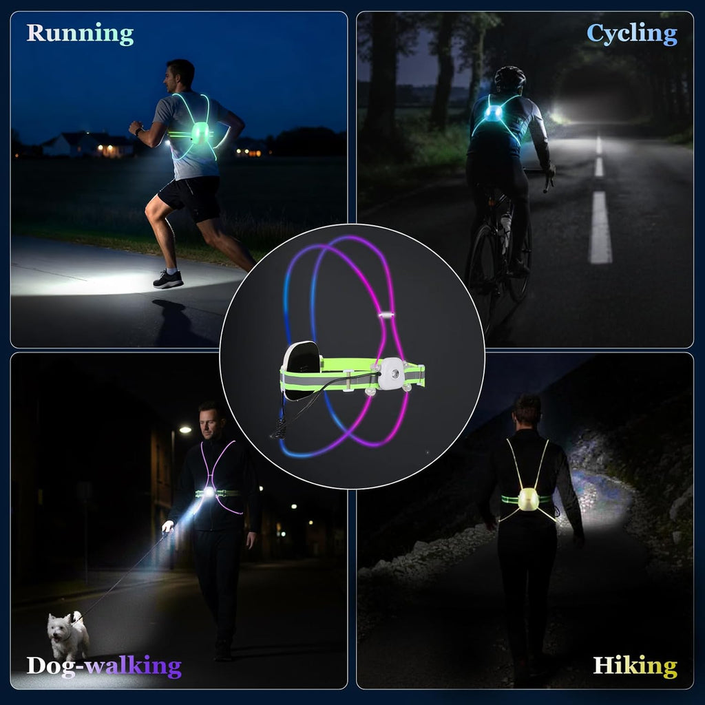 Skiennix Reflective Running Vest - Rechargeable LED Gear with 3 Modes & 7 Colors | Adjustable Safety Vest for Night Running, Cycling, Hiking (Large)