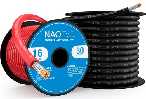 NAOEVO 16 Gauge Marine Wire - Tinned Copper PVC Electrical Cable | IP68 Waterproof, Corrosion-Resistant, 60 ft Total (30 ft Black + 30 ft Red)