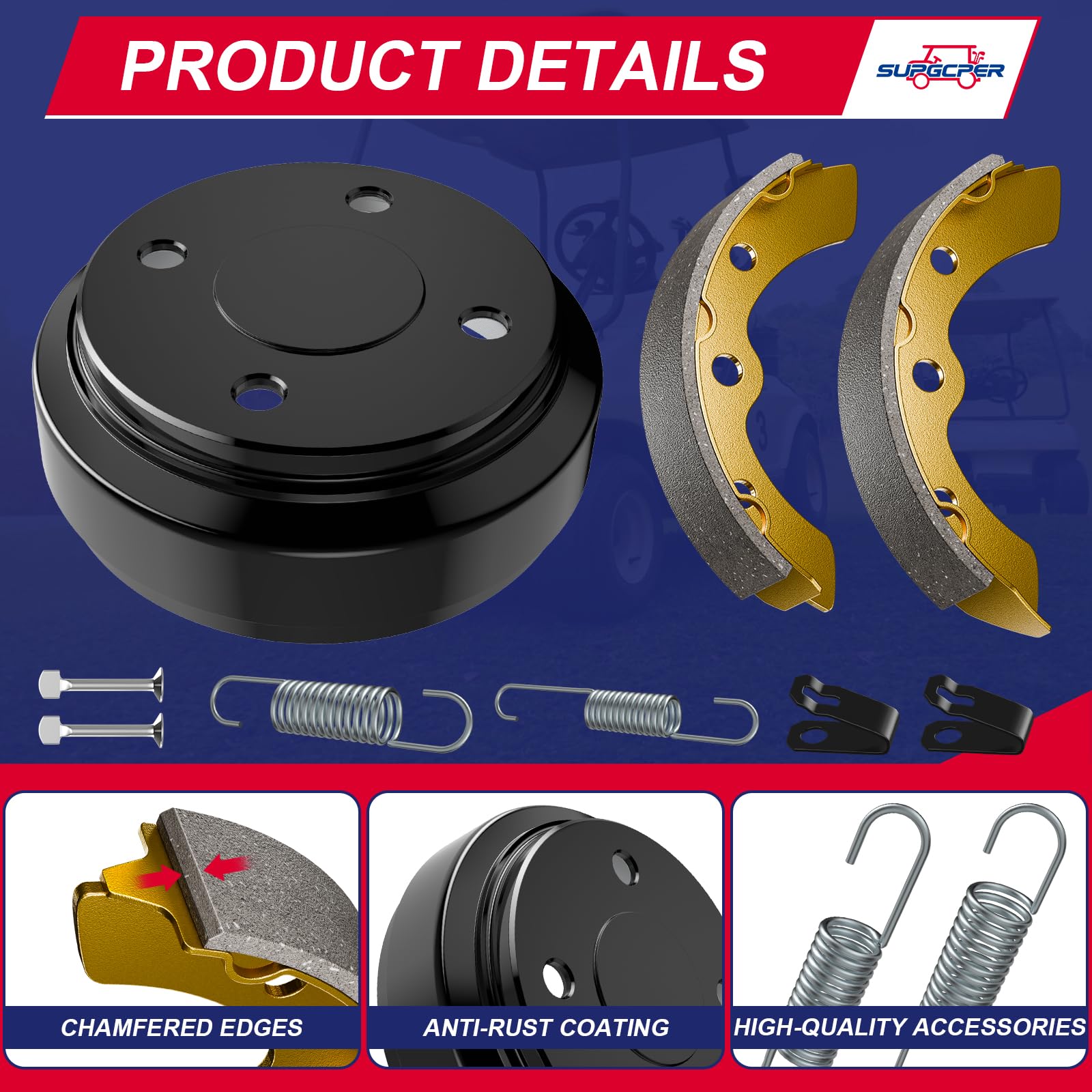 SUPGCPER Club Car Brake Repair Kits for DS 1995-UP&Precedent 2004-UP, Golf Cart Brake Drum Kit, Club Car Brake Drum/Hubs&Brake Shoes/Pads&Brake Spring Kit, OEM Replace# 101823201 101816301 101791101