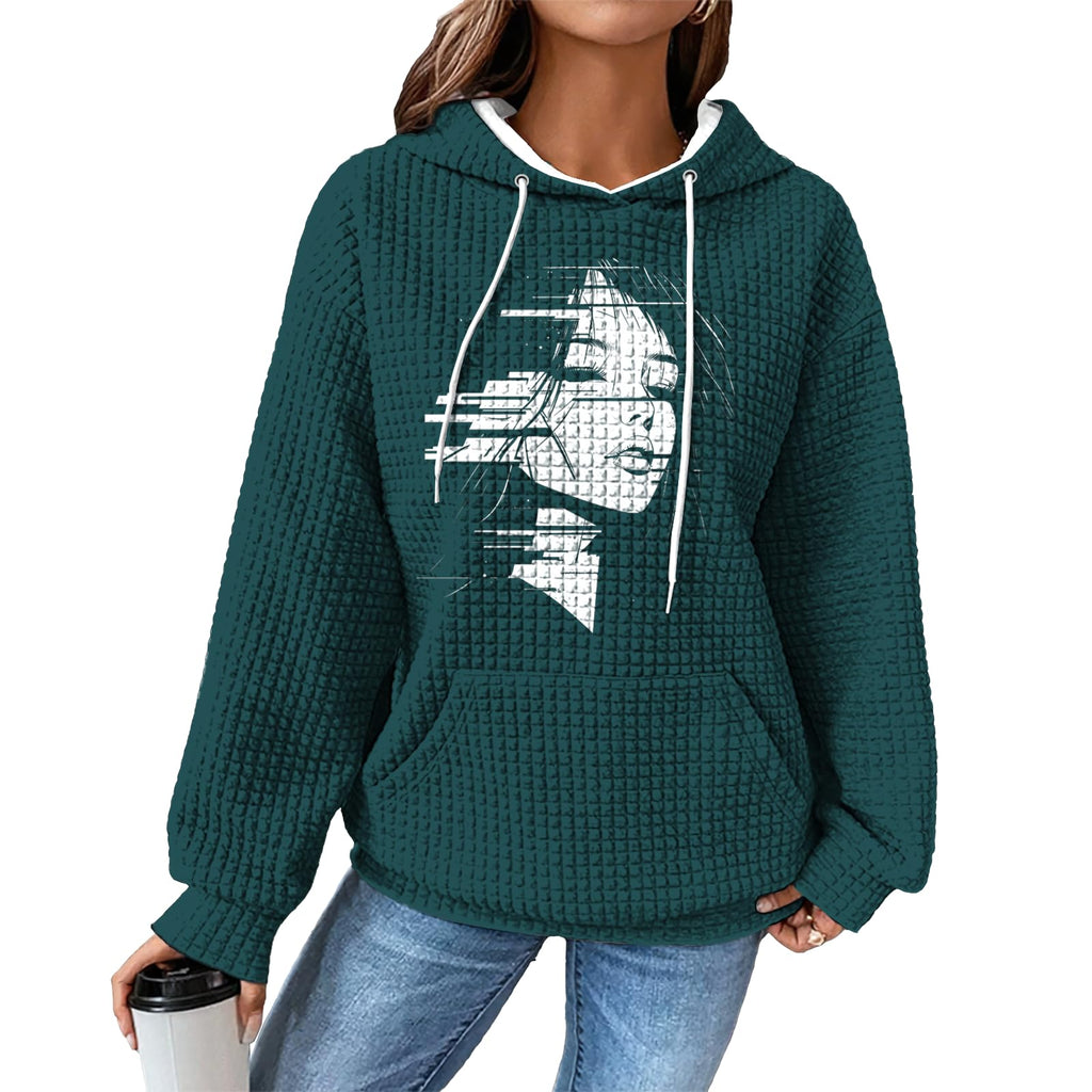domirica Womens Sweatshirts Side Face Elegant Loose Fit Business Casual Waffle Sweatshirt Women Long Sleeve Drawstring Pullover With Pocket Retro Workout Oversized Outfits Street Wear,XL