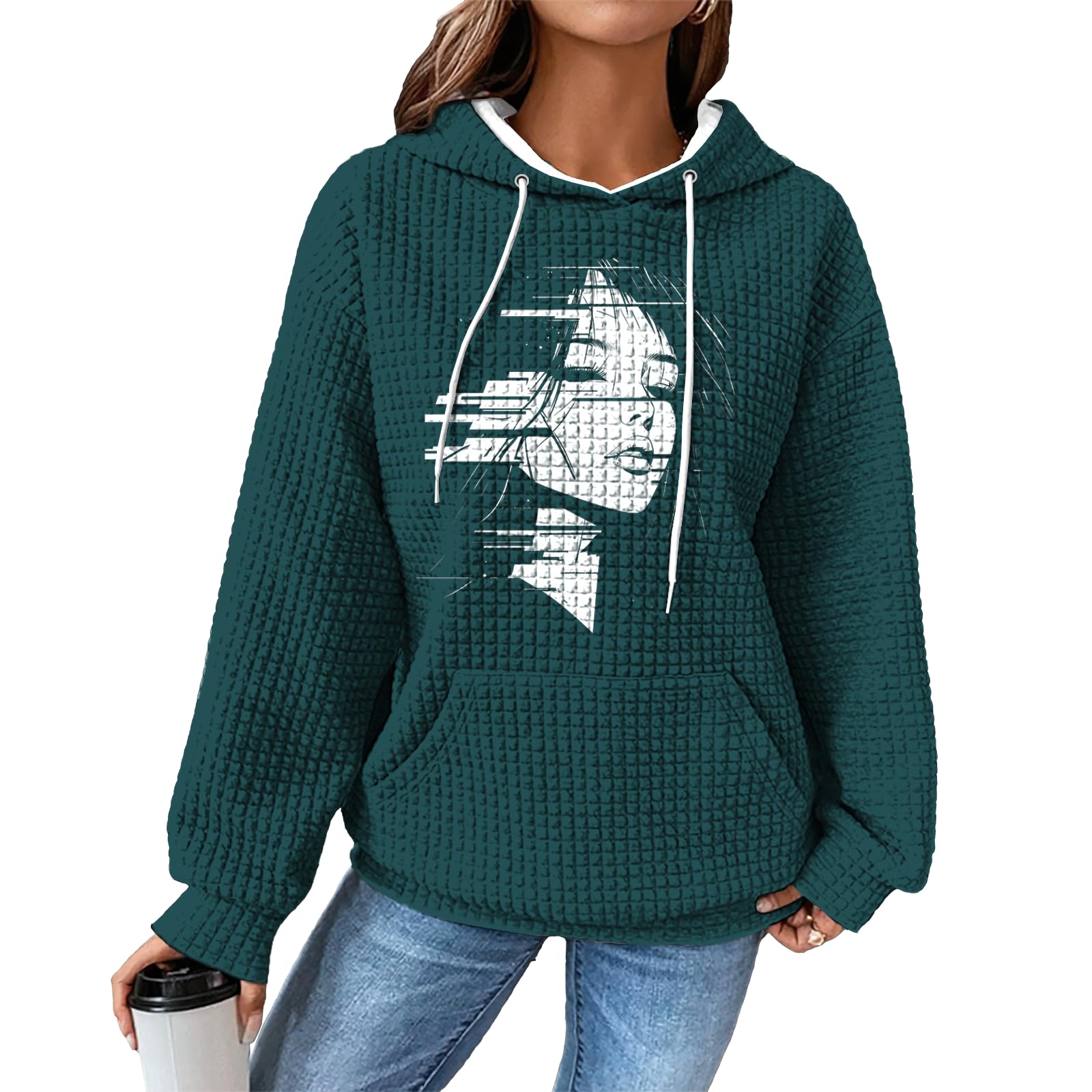 domirica Womens Sweatshirts Side Face Elegant Loose Fit Business Casual Waffle Sweatshirt Women Long Sleeve Drawstring Pullover With Pocket Retro Workout Oversized Outfits Street Wear,XL