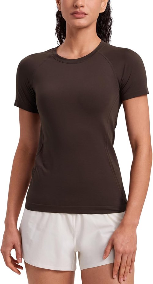 CRZ YOGA Seamless Workout Tops - Breathable Short Sleeve Athletic Tees for Women | Hip Length Gym & Yoga Shirts