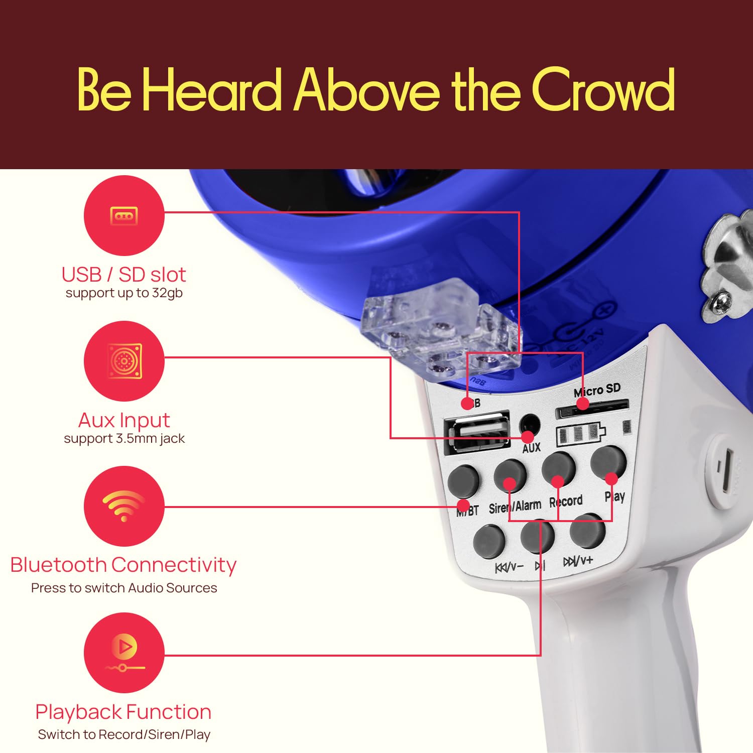 Pyle 50W Megaphone Bullhorn Speaker – Portable Bluetooth, Alarm Siren, Adjustable Volume up to 1700 Yards, Aux Input, USB/TF Playback, for Indoor/Outdoor Activities, Sports, and Emergency Drills –Blue