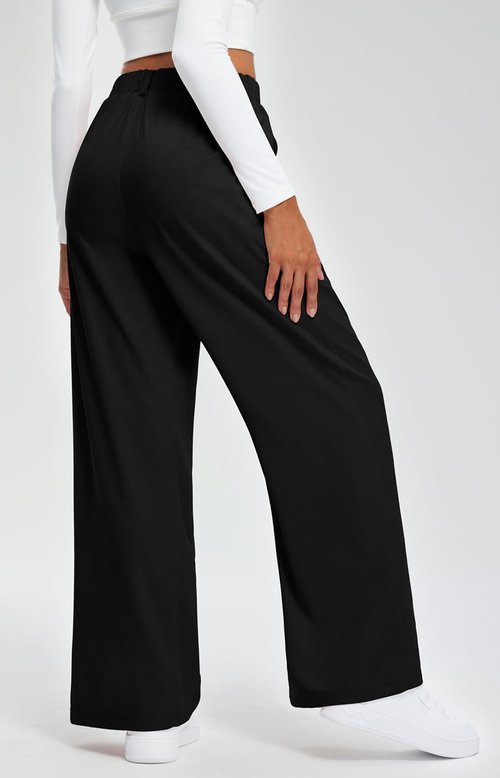 Libin Women's Wide Leg Pants - High Waisted Waffle Knit Casual Trousers with Pockets | 27"/29" Sizes