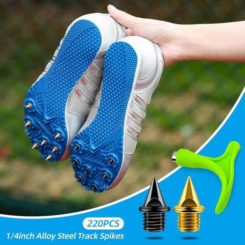 1/4 Inch Track Spikes, 220pcs Alloy Steel Track and Cross Country Spikes Golf Shoe Spikes with Spike Wrench, Replacement Spikes for Sprint Sports Short Running Track Shoes (110 Black + 110 Gold)