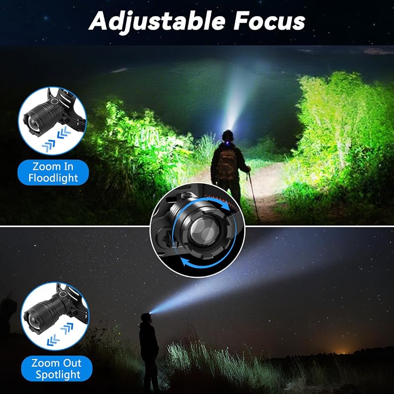 3Pack Ultra Bright LED Headlamp Rechargeable for Adults - 4 Modes, Adjustable Focus & 90° Head