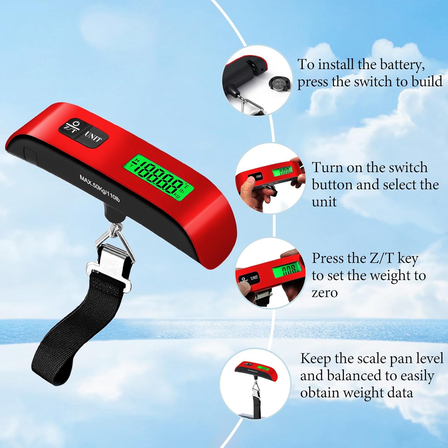 Skiennix Luggage Scale - 110lb Digital Weight Scale with LED Display & 4 Unit Switching | Red
