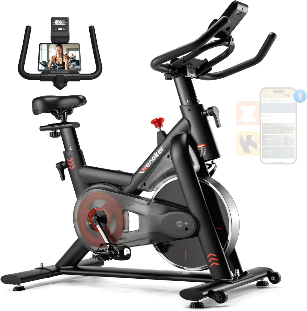 Wenoker Exercise Bike for Home – 350LB Indoor Cycling Bike, Silent Stationary Spin Bike with App Sync, Adjustable Seat, LCD Monitor, Smooth & Quiet for Cardio Workout