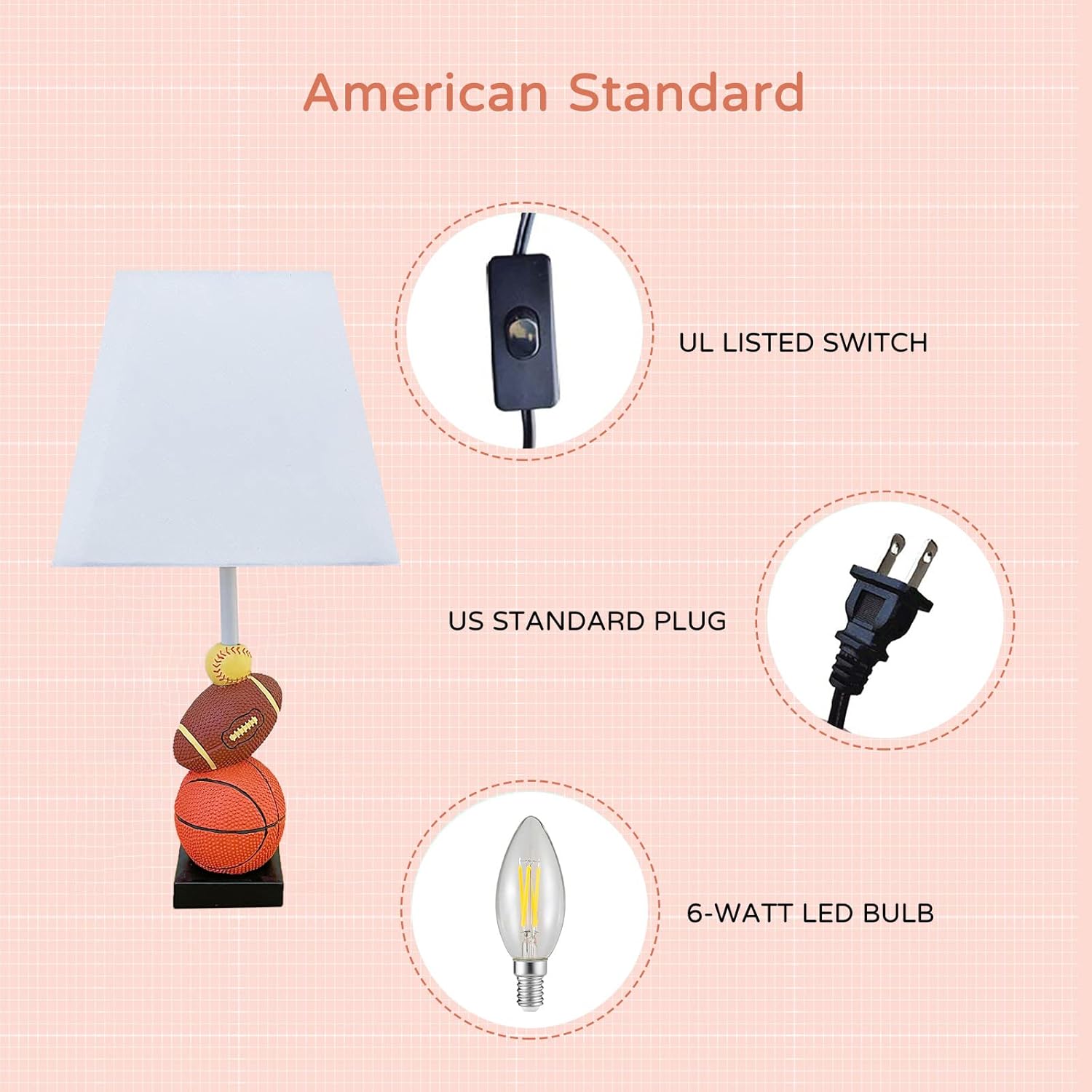 Skiennix Kids Table Lamp - 14 Inch Sports-Themed Design with LED Bulb | Ideal for Children's Bedroom Decor